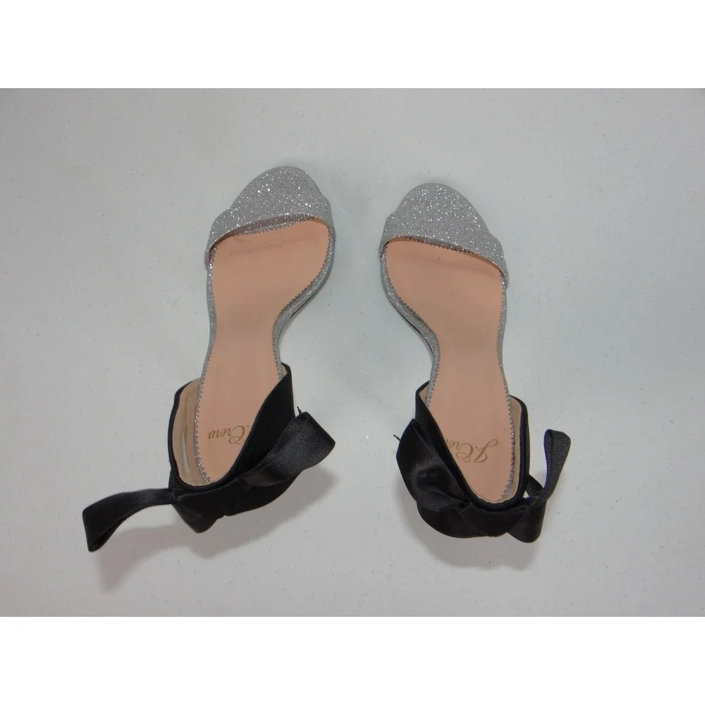 J.Crew Pita Silver Glitter Black Satin Bow Stiletto Heel Sandals K2926 Size 7.5